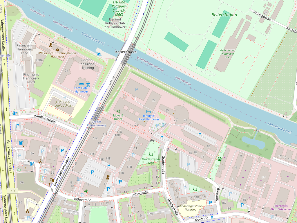 Karte von Hannover-Vahrenwald mit dem Loftstyle Hotel an der Gradestraße und den umliegenden Straßen